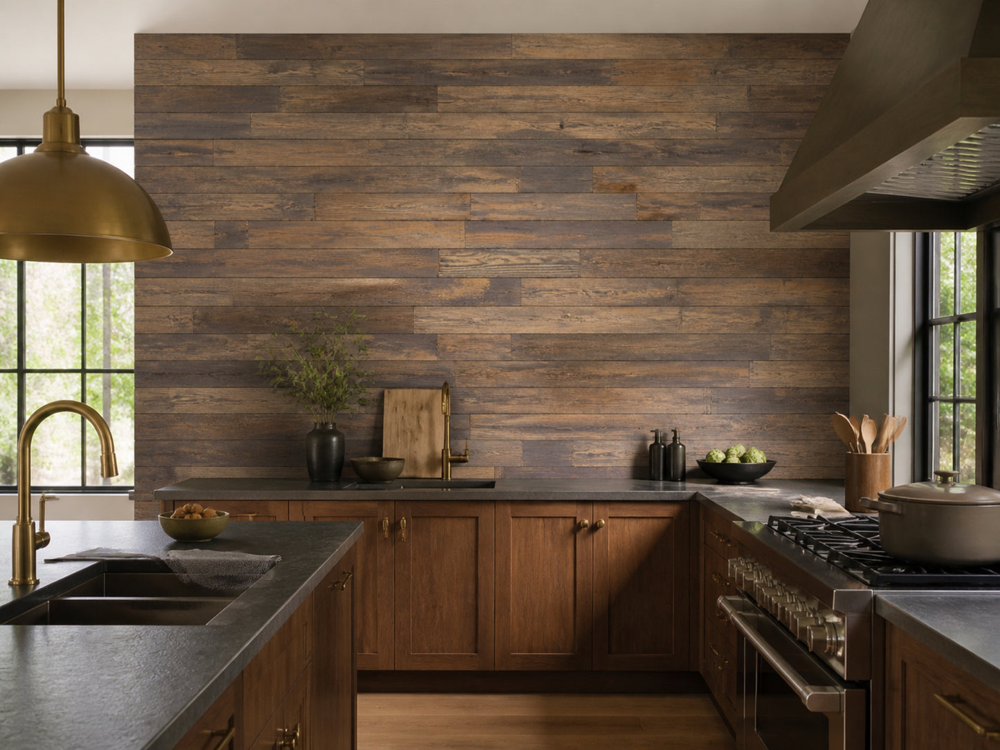 Umber reclaimed redwood wall planks installed in a kitchen