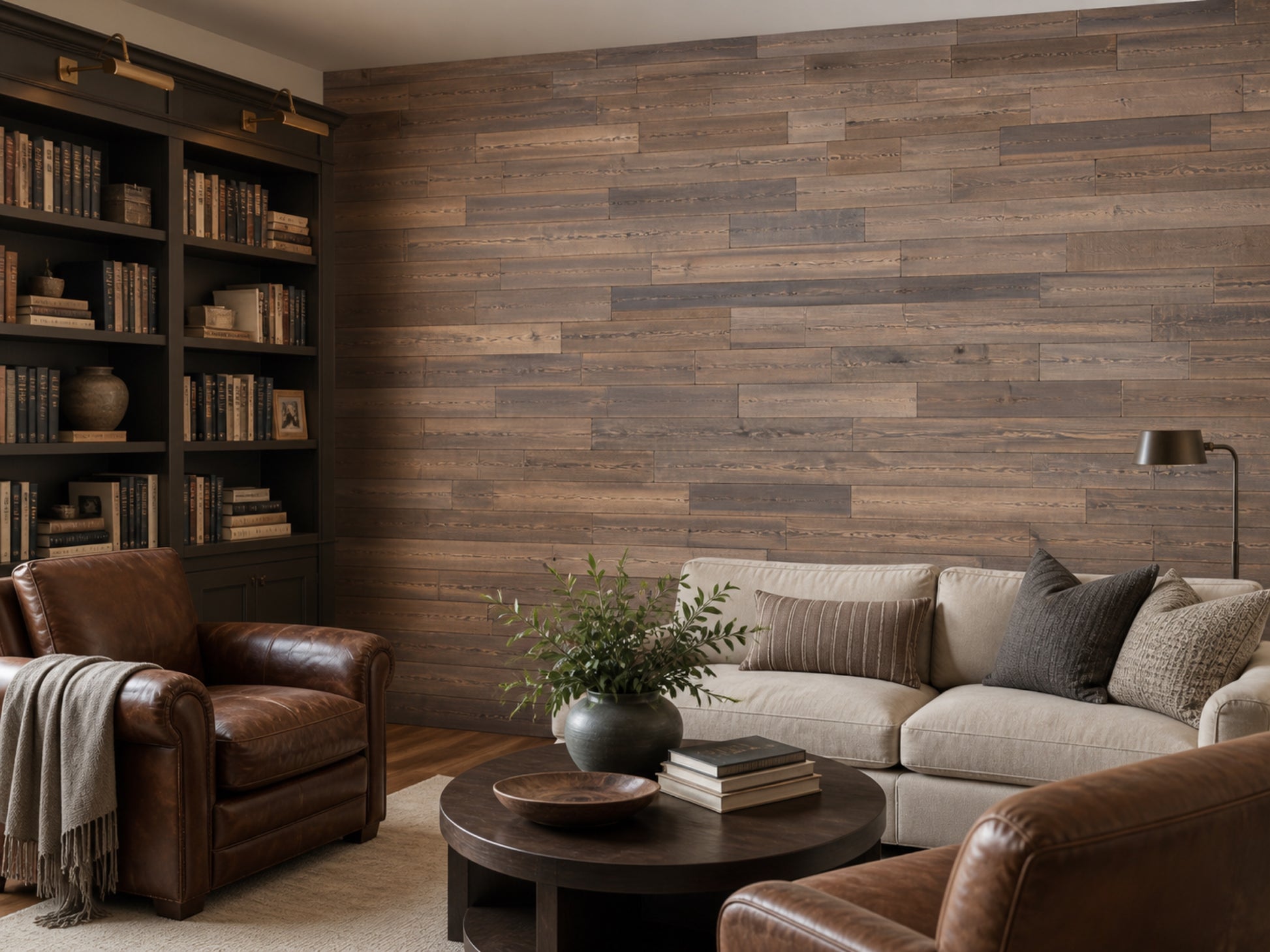 Umber reclaimed redwood wall planks installed in a living room