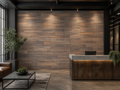 Umber reclaimed redwood wall planks installed in an office