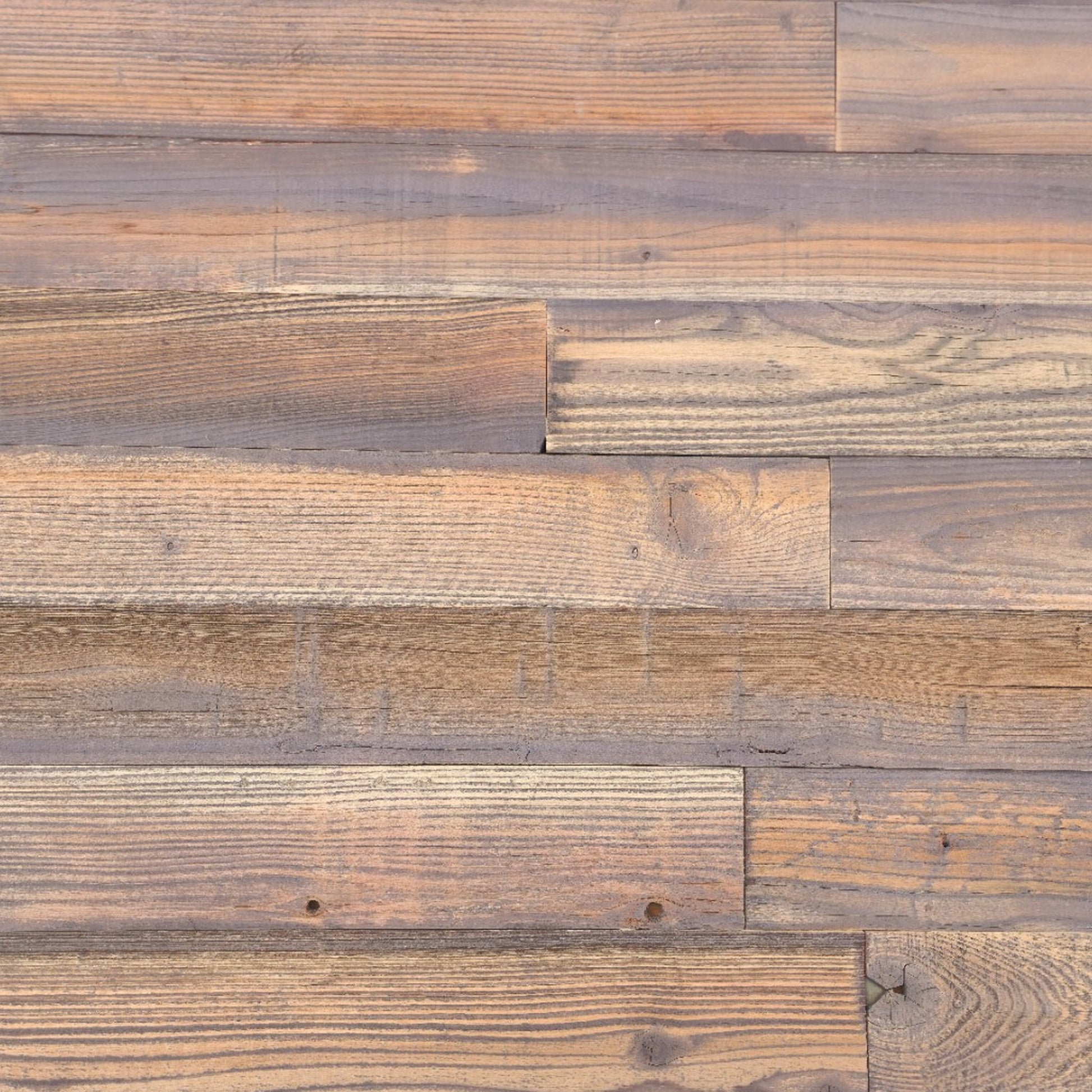 Umber finish reclaimed redwood S3S wall planks laid flat, soft dusty brown with a mauve grey cast