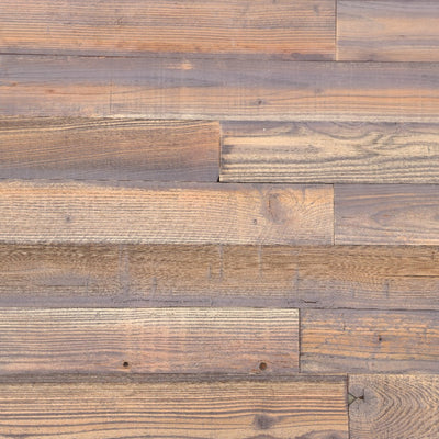 Umber finish reclaimed redwood S3S wall planks laid flat, soft dusty brown with a mauve grey cast