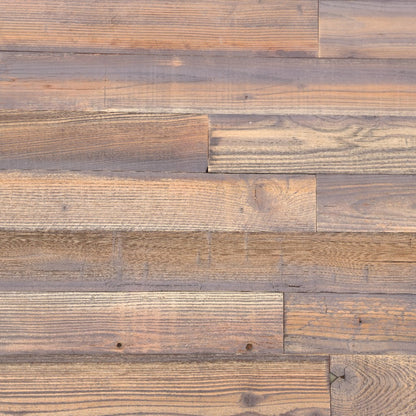 Umber finish reclaimed redwood S3S wall planks laid flat, soft dusty brown with a mauve grey cast