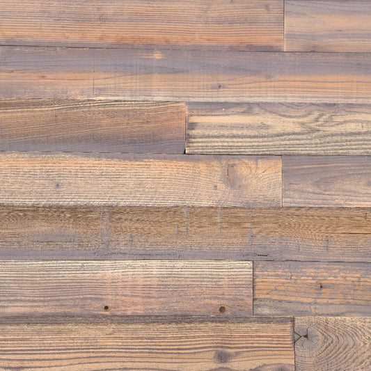 Umber finish reclaimed redwood S3S wall planks laid flat, soft dusty brown with a mauve grey cast