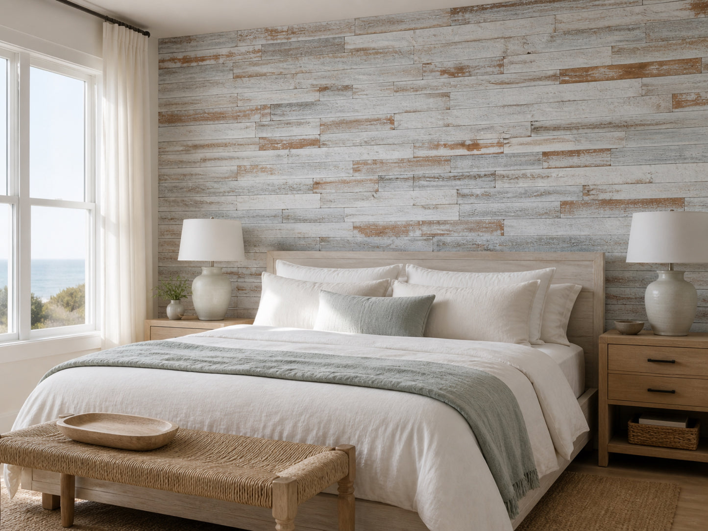 Whitewash reclaimed redwood wall planks installed in a bedroom