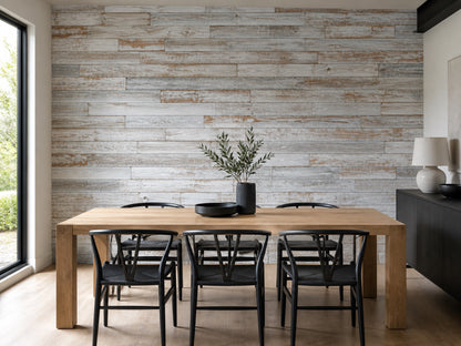 Whitewash reclaimed redwood wall planks installed in a dining room