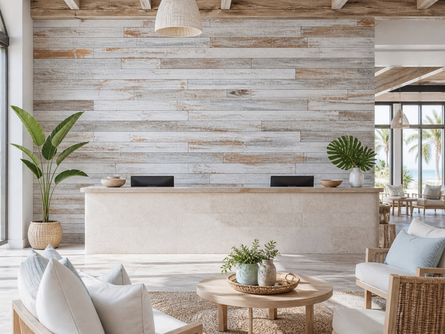 Whitewash reclaimed redwood wall planks installed in a hotel interior