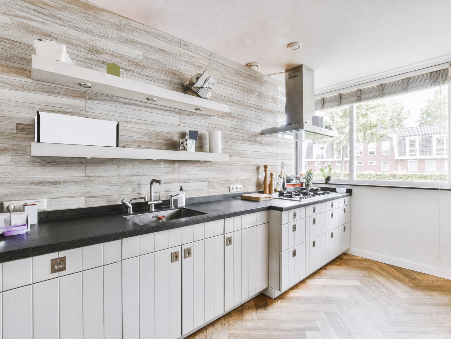 Whitewash reclaimed redwood wall planks installed as an interior accent wall
