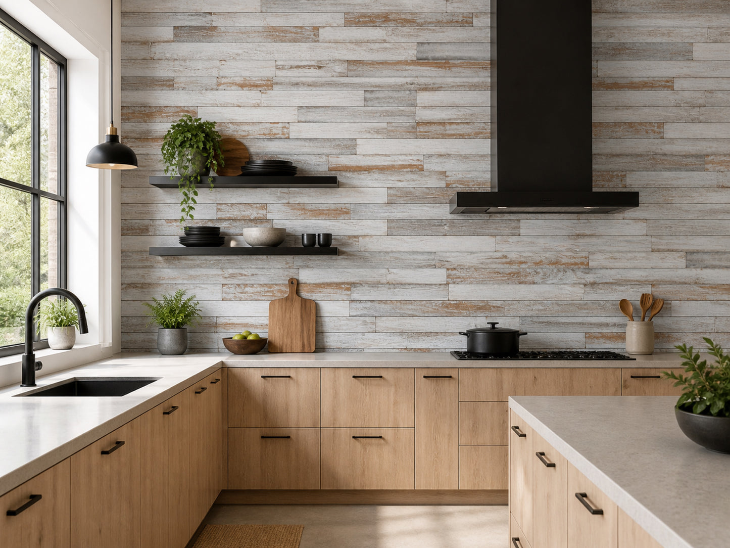 Whitewash reclaimed redwood wall planks installed in a kitchen