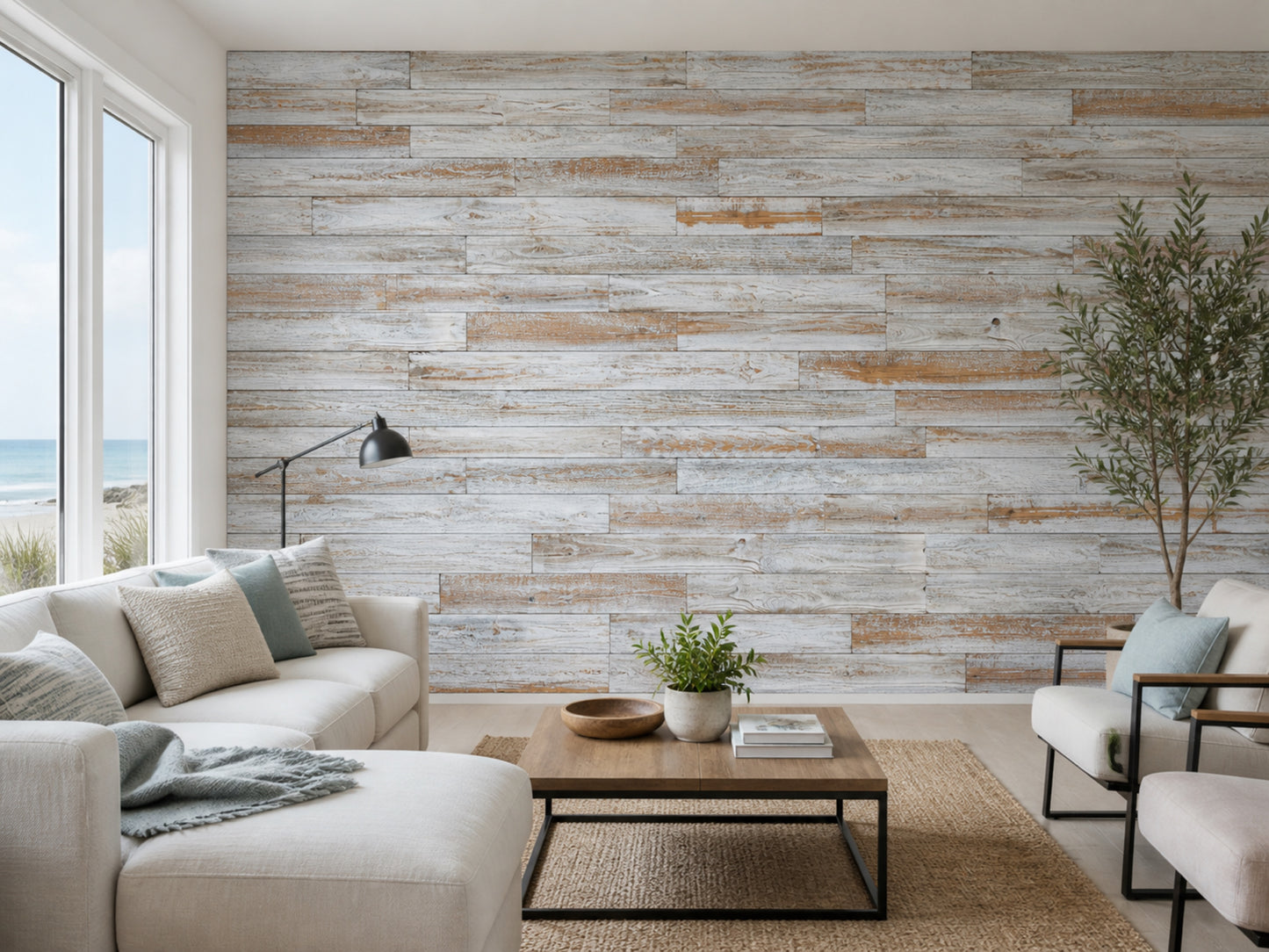 Whitewash reclaimed redwood wall planks installed in a living room