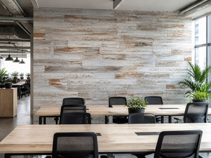 Whitewash reclaimed redwood wall planks installed in an office