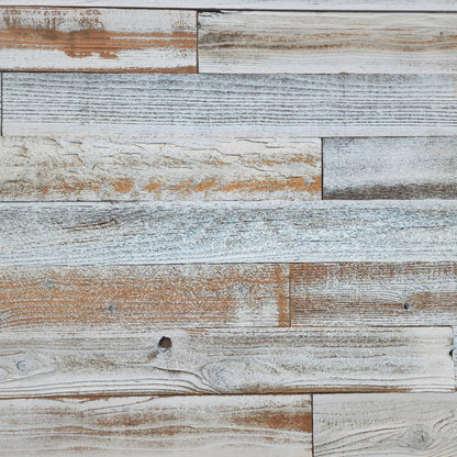 Whitewash finish reclaimed redwood planks, flat overhead plan view